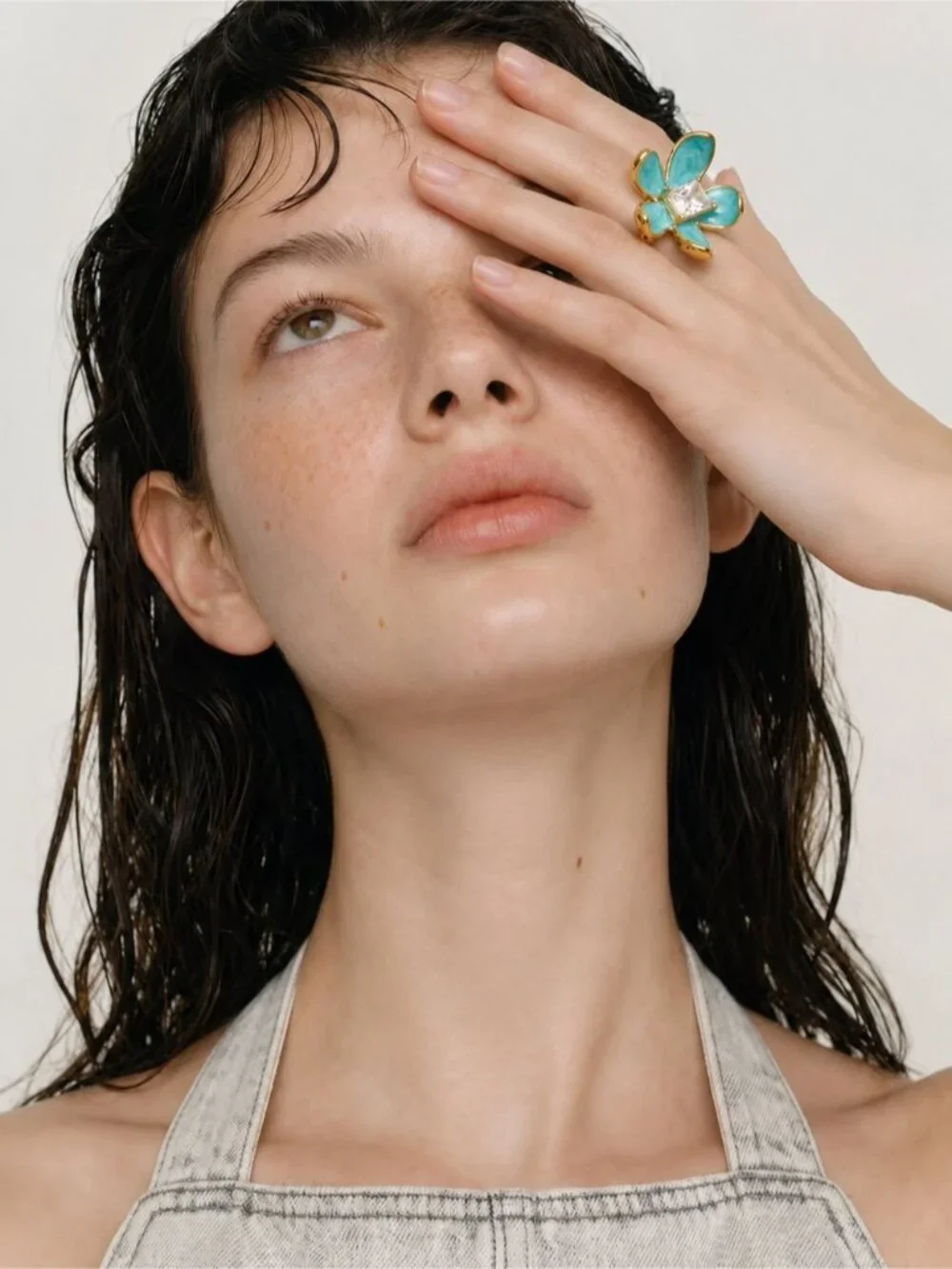 Gold plated Ring with Turquoise Enamel Flower and Pearl